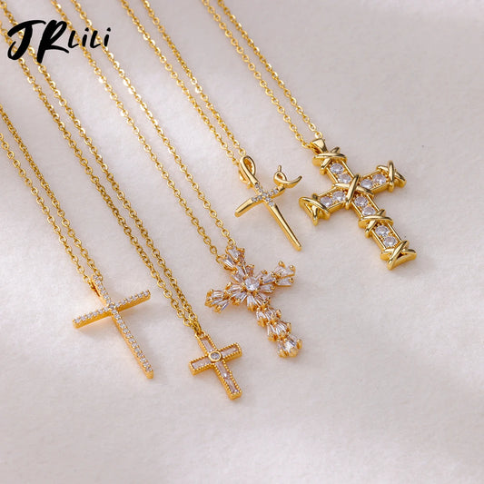 Zircon Cross Pendant Necklace for Women Gold Color Stainless Steel Collar Neckalces 2024 Trend Goth Party Wedding Jewelry Gifts