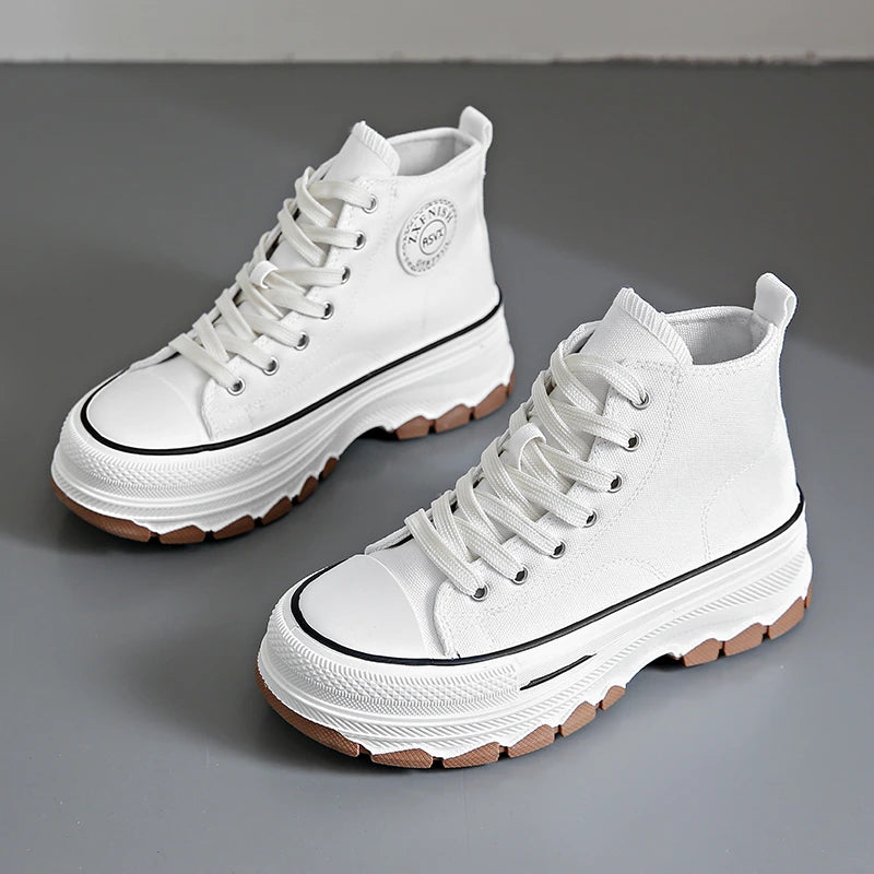 Women High Top Sneakers Lace-Up Casual Plarform Height Canvas Non-slip Wear Resistant 2024 Spring Female Vulcanize Shoes