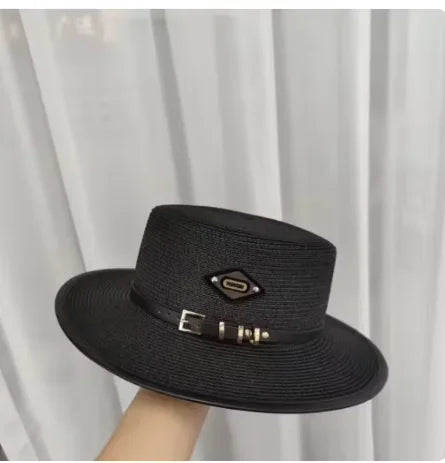 Sombrero de copa plana con hebilla de cinturón para mujer, sombrilla de viaje, sombrero de paja de ala grande, gorra de cubo inf