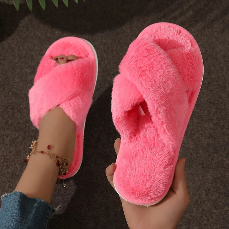 Fashion Cross Strap Fur Slippers Women Indoor Light Warm Plush Home Slippers Woman Faux Fur Flat Heel Couple Slides Plus Size 43