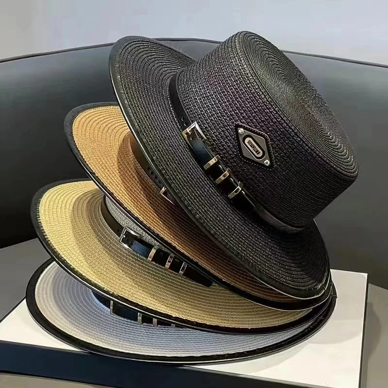 Sombrero de copa plana con hebilla de cinturón para mujer, sombrilla de viaje, sombrero de paja de ala grande, gorra de cubo inf