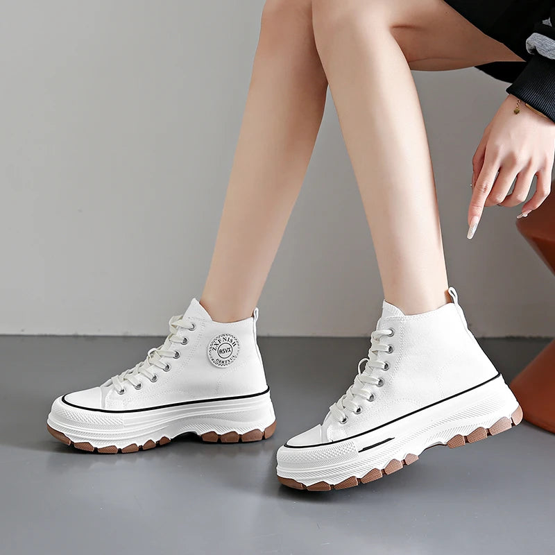 Women High Top Sneakers Lace-Up Casual Plarform Height Canvas Non-slip Wear Resistant 2024 Spring Female Vulcanize Shoes