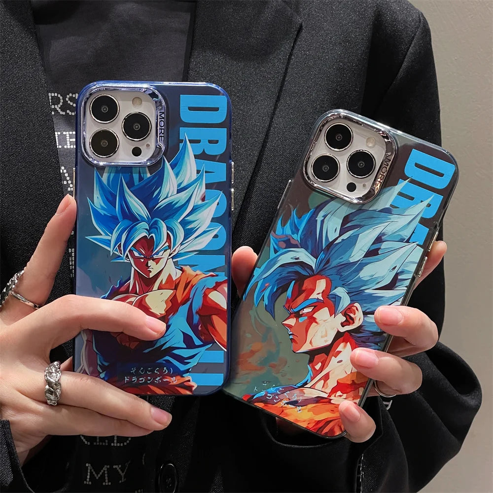 Bandai Anime Dragon Ball Electroplate Button Phone Case for iPhone 14 13 12 11 15 16 Pro Max Luxury Goku Shockproof Back Cover