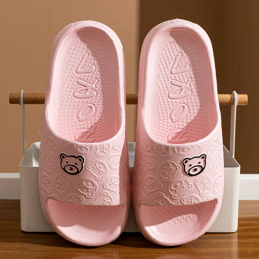 Printting Cute Bear Women Slippers Summer Indoor Soft Cartoon Sandals Bathroom Anti-slip Outdoor Comfy Men Leisure Shoes Couple