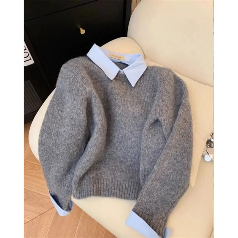 Fake Two shirts Collar Sweater Women's Autumn Outfit New Lazy Linterior Contrasting Color Gray Knit Sweater Top With Flip Collar