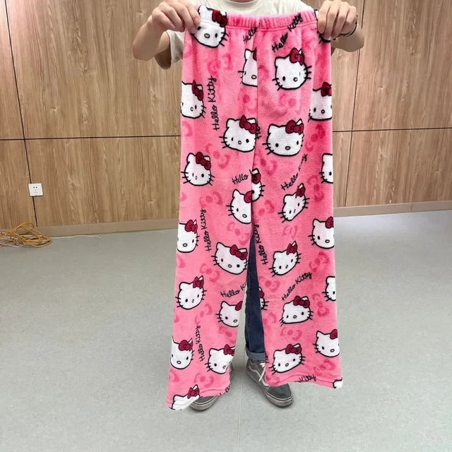 Sanrio Hello Kitty Flannel Pajamas Halloween Orange Women's Warm Woolen Cartoon Casual Home Pants In Autumn Winter Fashion Trous