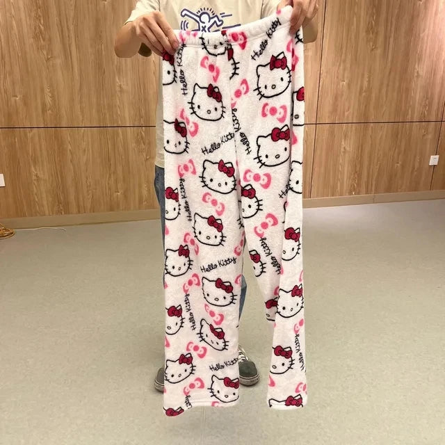 Sanrio Hello Kitty Flannel Pajamas Halloween Orange Women's Warm Woolen Cartoon Casual Home Pants In Autumn Winter Fashion Trous