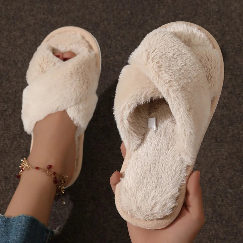 Fashion Cross Strap Fur Slippers Women Indoor Light Warm Plush Home Slippers Woman Faux Fur Flat Heel Couple Slides Plus Size 43