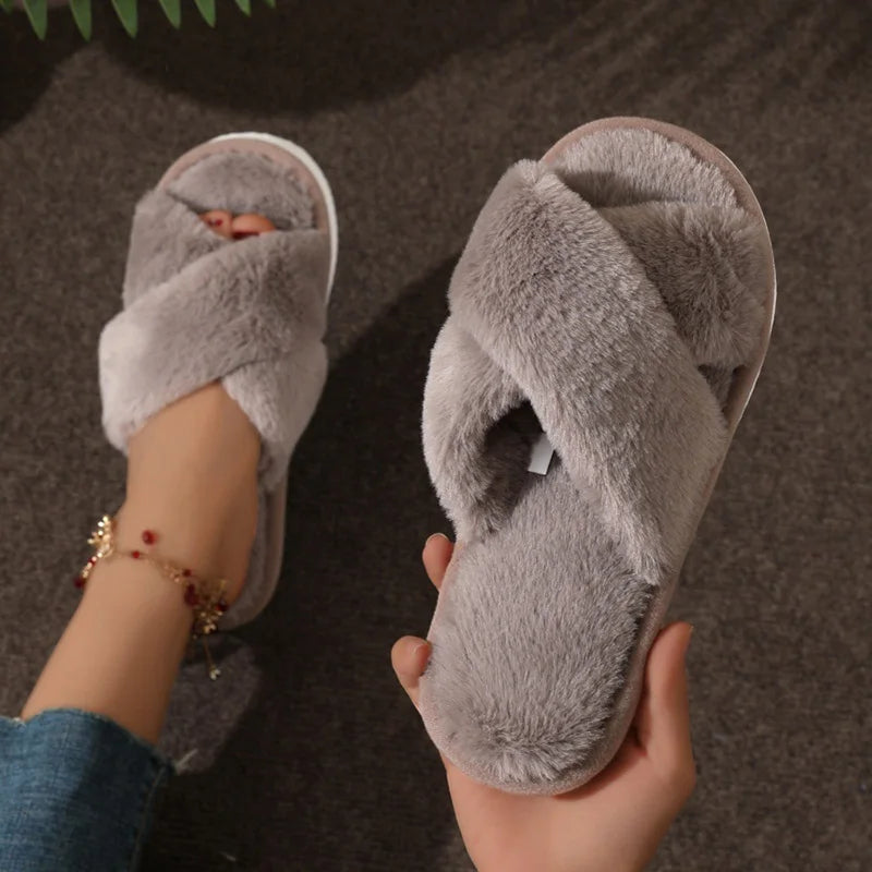 Fashion Cross Strap Fur Slippers Women Indoor Light Warm Plush Home Slippers Woman Faux Fur Flat Heel Couple Slides Plus Size 43