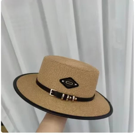 Sombrero de copa plana con hebilla de cinturón para mujer, sombrilla de viaje, sombrero de paja de ala grande, gorra de cubo inf