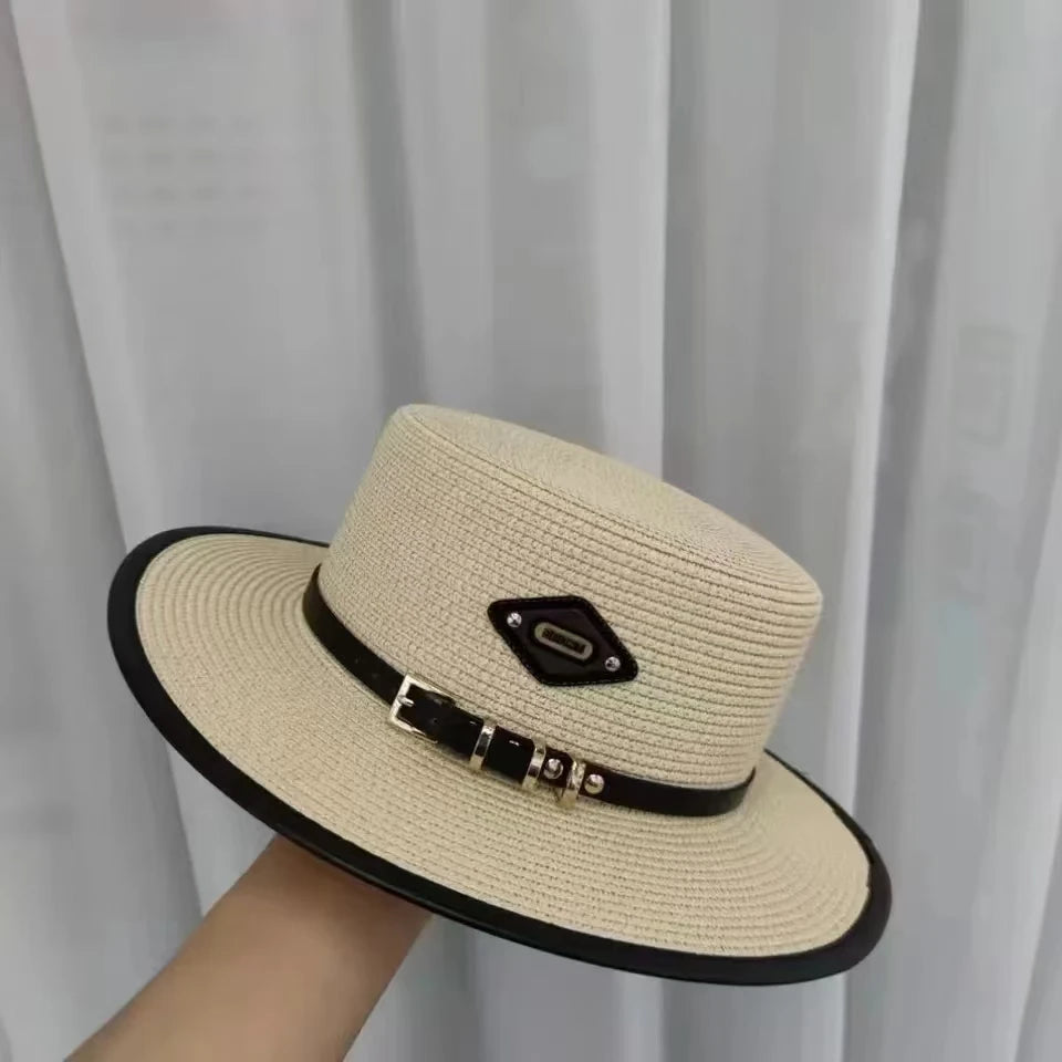 Sombrero de copa plana con hebilla de cinturón para mujer, sombrilla de viaje, sombrero de paja de ala grande, gorra de cubo inf