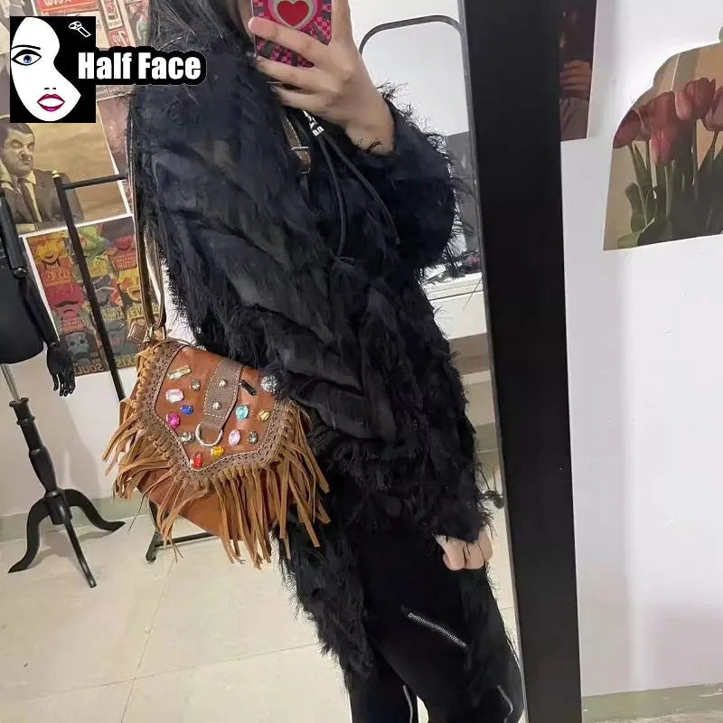 Y2K Girls Harajuku Womens Gothic  Punk Cross One Shoulder Advanced Lolita Mini Vintage Diamond Suede Tassels Crossbody Bags Tote