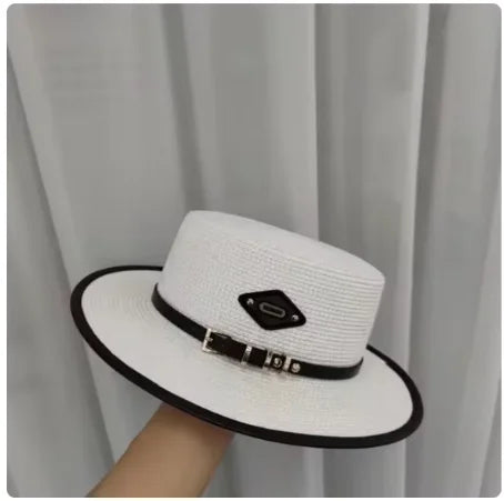 Sombrero de copa plana con hebilla de cinturón para mujer, sombrilla de viaje, sombrero de paja de ala grande, gorra de cubo inf