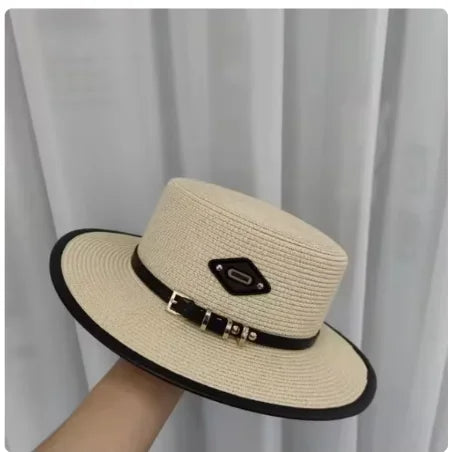 Sombrero de copa plana con hebilla de cinturón para mujer, sombrilla de viaje, sombrero de paja de ala grande, gorra de cubo inf