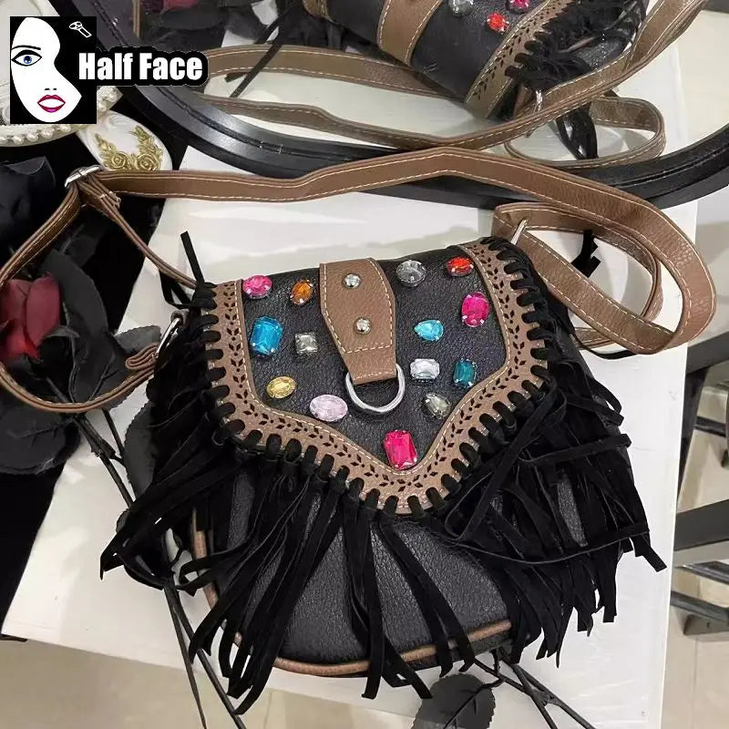 Y2K Girls Harajuku Womens Gothic  Punk Cross One Shoulder Advanced Lolita Mini Vintage Diamond Suede Tassels Crossbody Bags Tote