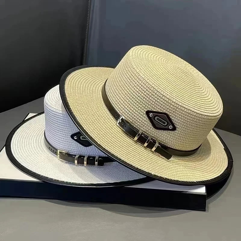 Sombrero de copa plana con hebilla de cinturón para mujer, sombrilla de viaje, sombrero de paja de ala grande, gorra de cubo inf