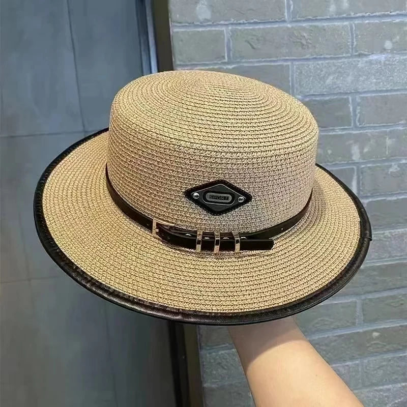 Sombrero de copa plana con hebilla de cinturón para mujer, sombrilla de viaje, sombrero de paja de ala grande, gorra de cubo inf