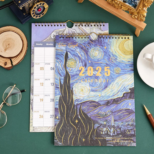 12 sheets 2025 Vintage Painting A4 Wall Calendar Monthly Planner Colorful Weekly Schedule for Home School Office Organization