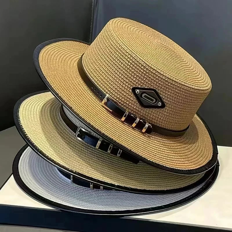 Sombrero de copa plana con hebilla de cinturón para mujer, sombrilla de viaje, sombrero de paja de ala grande, gorra de cubo inf