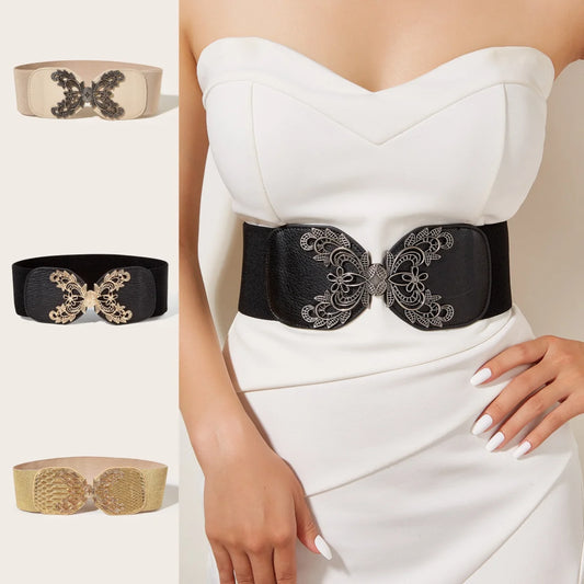 Women Vintage Flower Decor Buckle Elastic Scroll Black Wide Corset Belt cinturón mujer para vestido corset waist belt cinto de