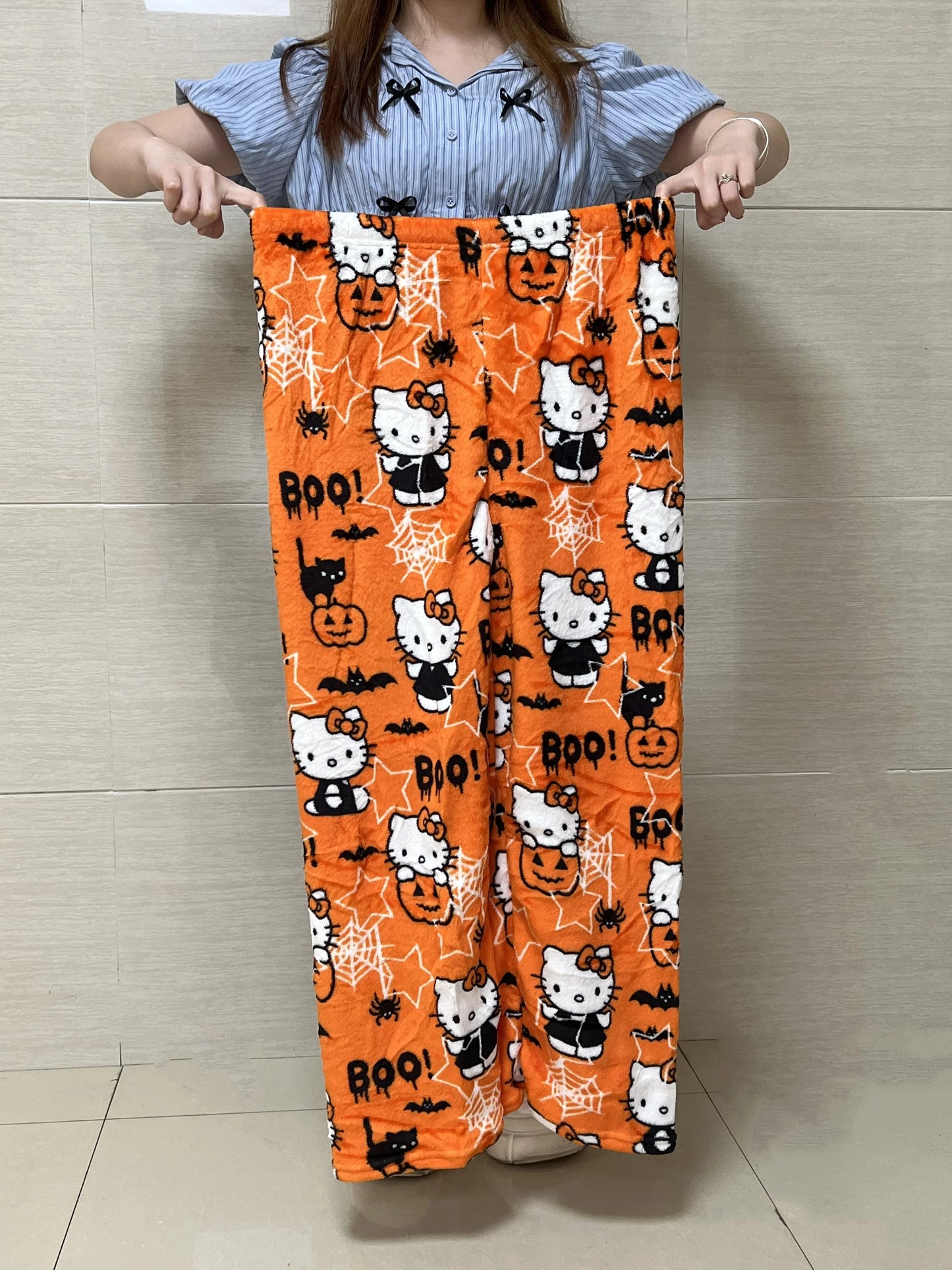 Sanrio Hello Kitty Flannel Pajamas Halloween Orange Women's Warm Woolen Cartoon Casual Home Pants In Autumn Winter Fashion Trous