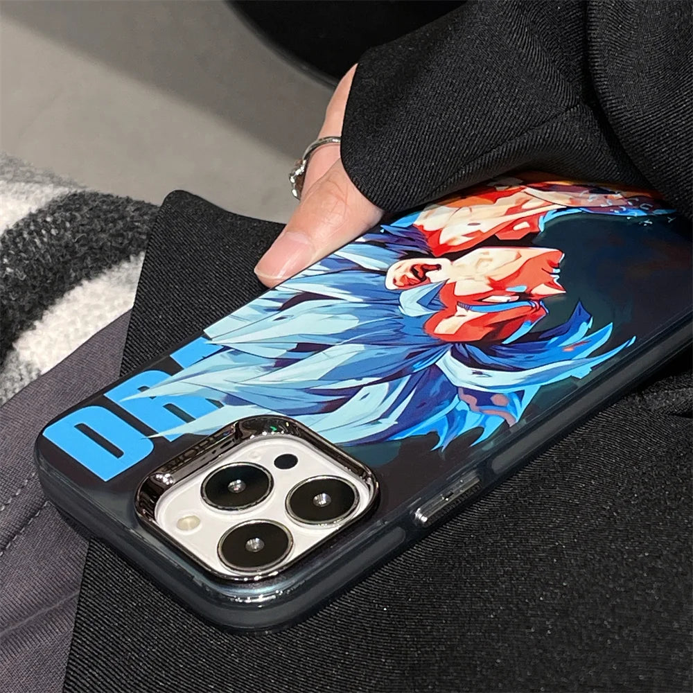 Bandai Anime Dragon Ball Electroplate Button Phone Case for iPhone 14 13 12 11 15 16 Pro Max Luxury Goku Shockproof Back Cover