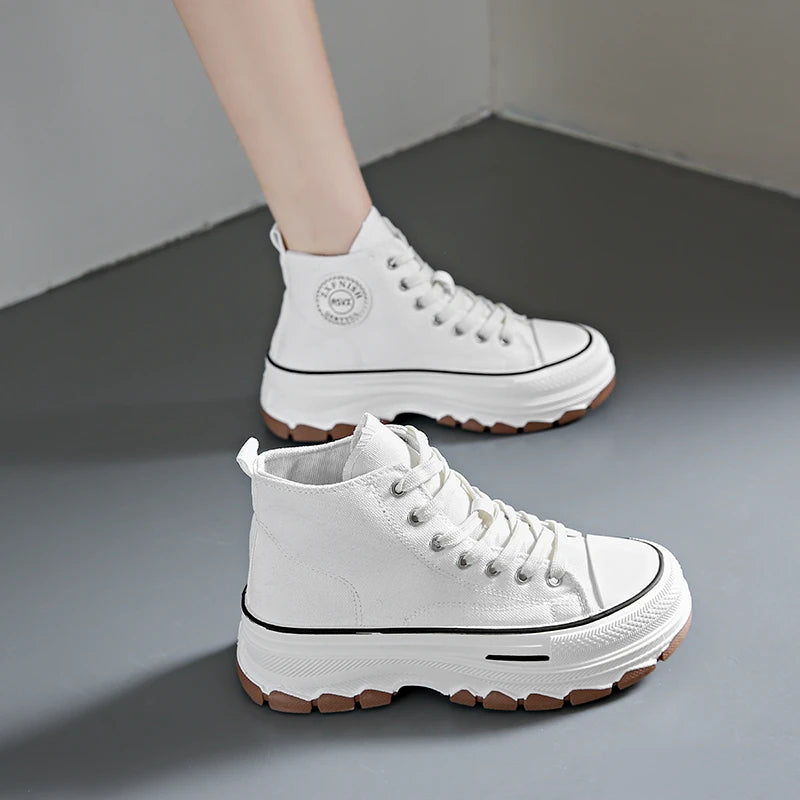 Women High Top Sneakers Lace-Up Casual Plarform Height Canvas Non-slip Wear Resistant 2024 Spring Female Vulcanize Shoes